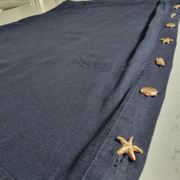 Cynthia Rowley Navy Linen blend coastal Dress Gold Shell Buttons Pockets Size L - Picture 2 of 11